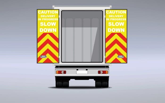 Illuminated Chevron And Vehicle Safety Signage To Provide Increased Roadside Protection For Delivery Professionals.